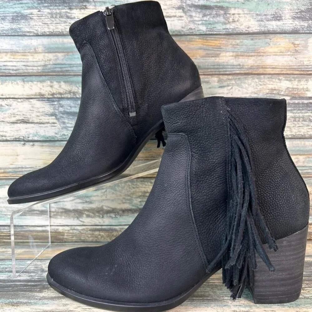 Ecco Shape 55 Fringe Ankle Boot Womens 5-5.5/36 Black Leather Western Dress Zip